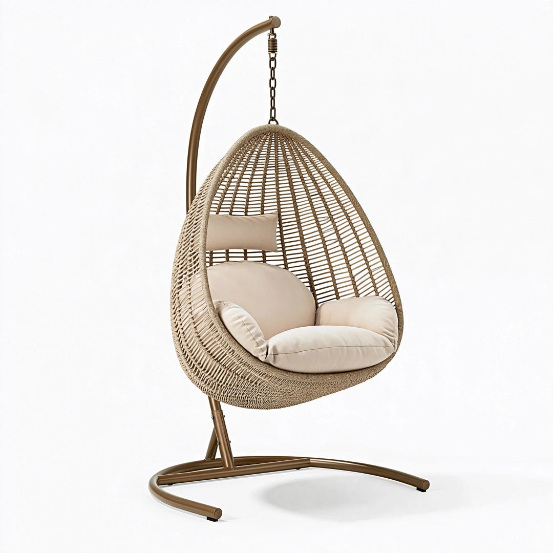 Poltrona sospesa 105 x 105 x 195 cm in corda intrecciata beige con struttura in metallo per relax