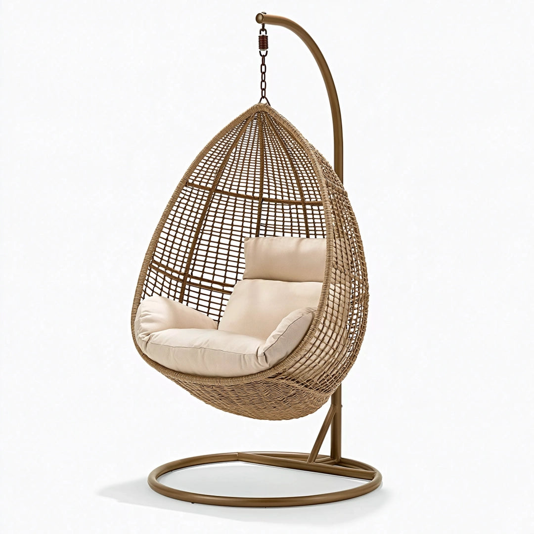 Poltrona sospesa 105 x 105 x 195 cm in fibra intrecciata beige/marrone - stile boho con base autoportante