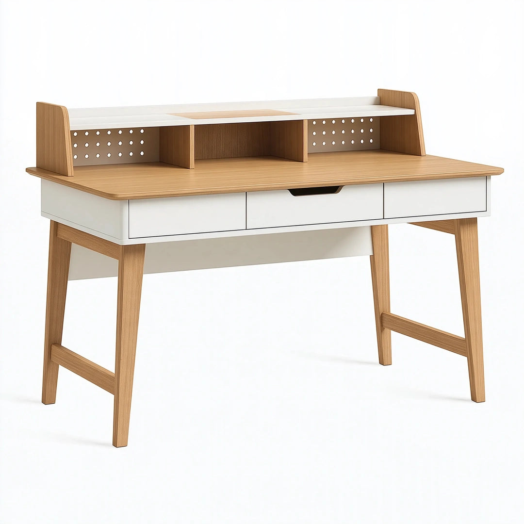 Scrivania 120 x 60 x 95 cm in legno bianco e rovere con cassetti e alzata moderna