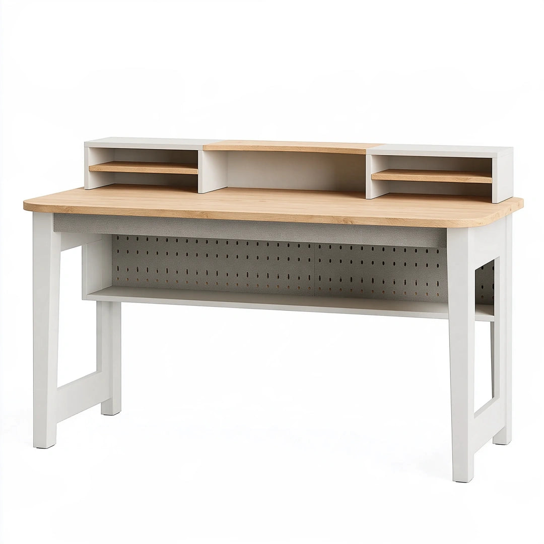 Scrivania 140 x 60 x 90 cm in legno bianco e naturale con ripiani e pannello forato