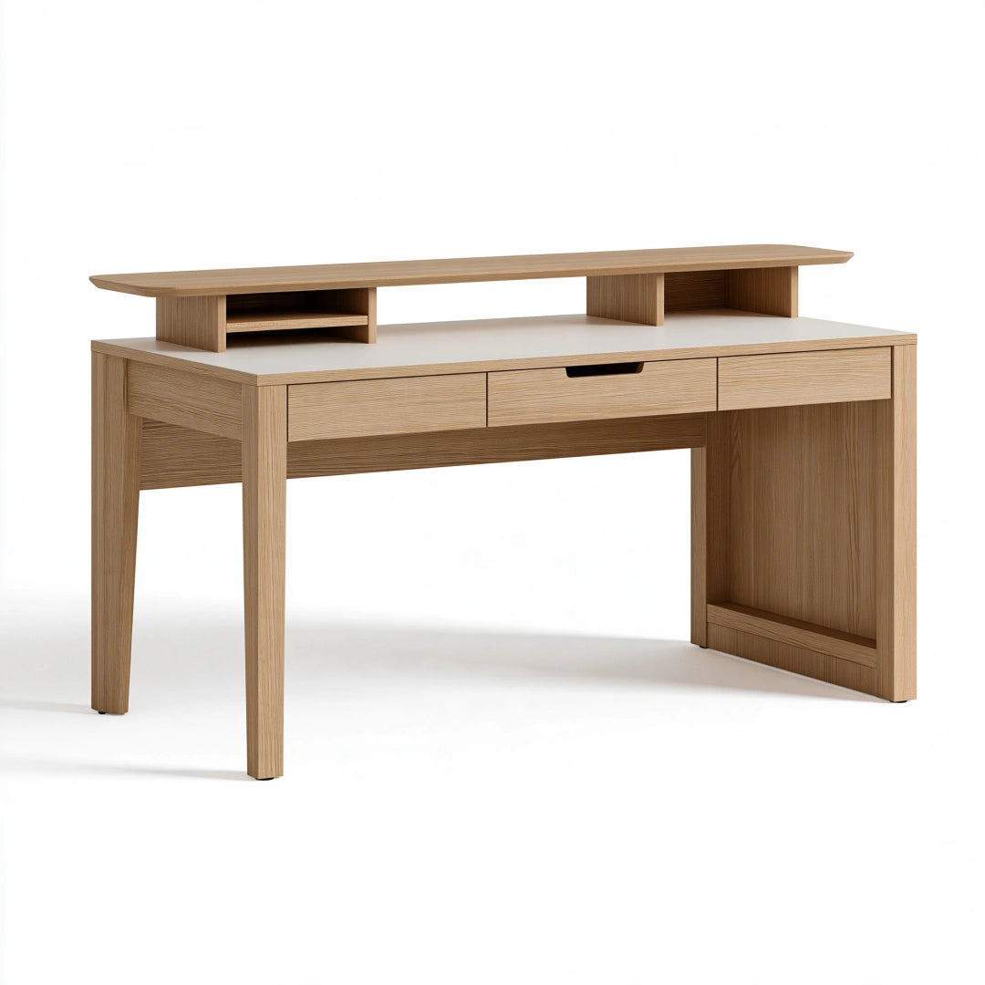 Scrivania 140 x 60 x 90 cm in legno color rovere con cassetti e ripiano rialzato