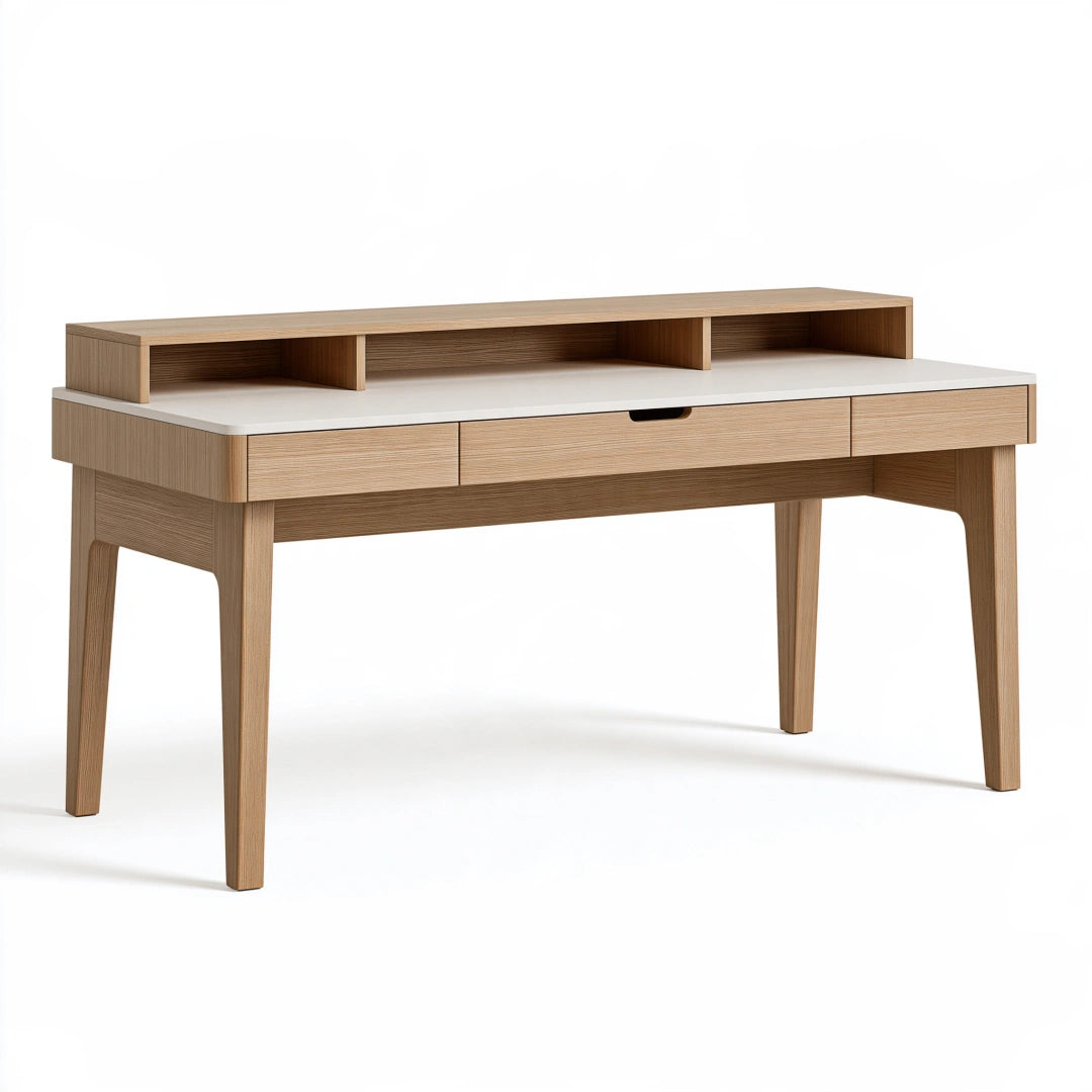 Scrivania 120 x 60 x 90 cm in legno marrone e bianco con cassetti e ripiani stile moderno