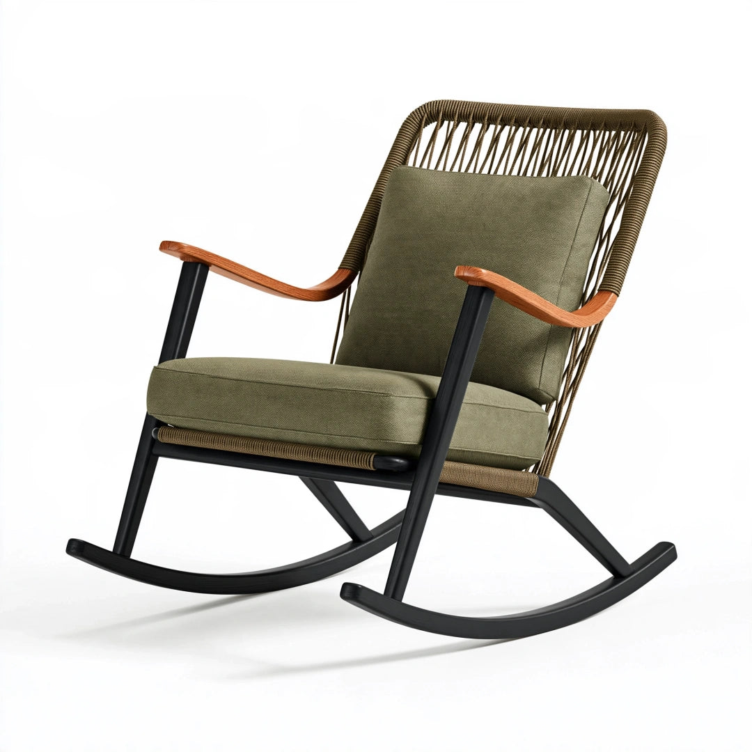 Sedia a dondolo 70 x 95 x 100 cm in metallo nero con corda verde oliva e braccioli in legno