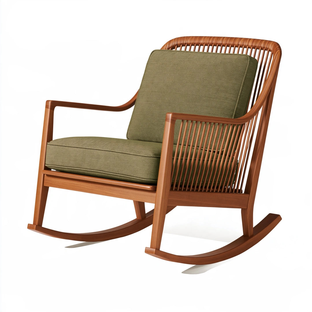 Sedia a dondolo 67 x 94 x 98 cm in legno marrone con seduta verde stile retrò