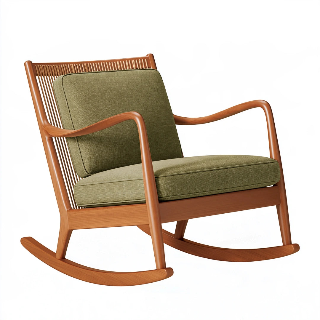 Sedia a dondolo 68 x 92 x 98 cm in legno marrone e tessuto verde oliva - stile moderno