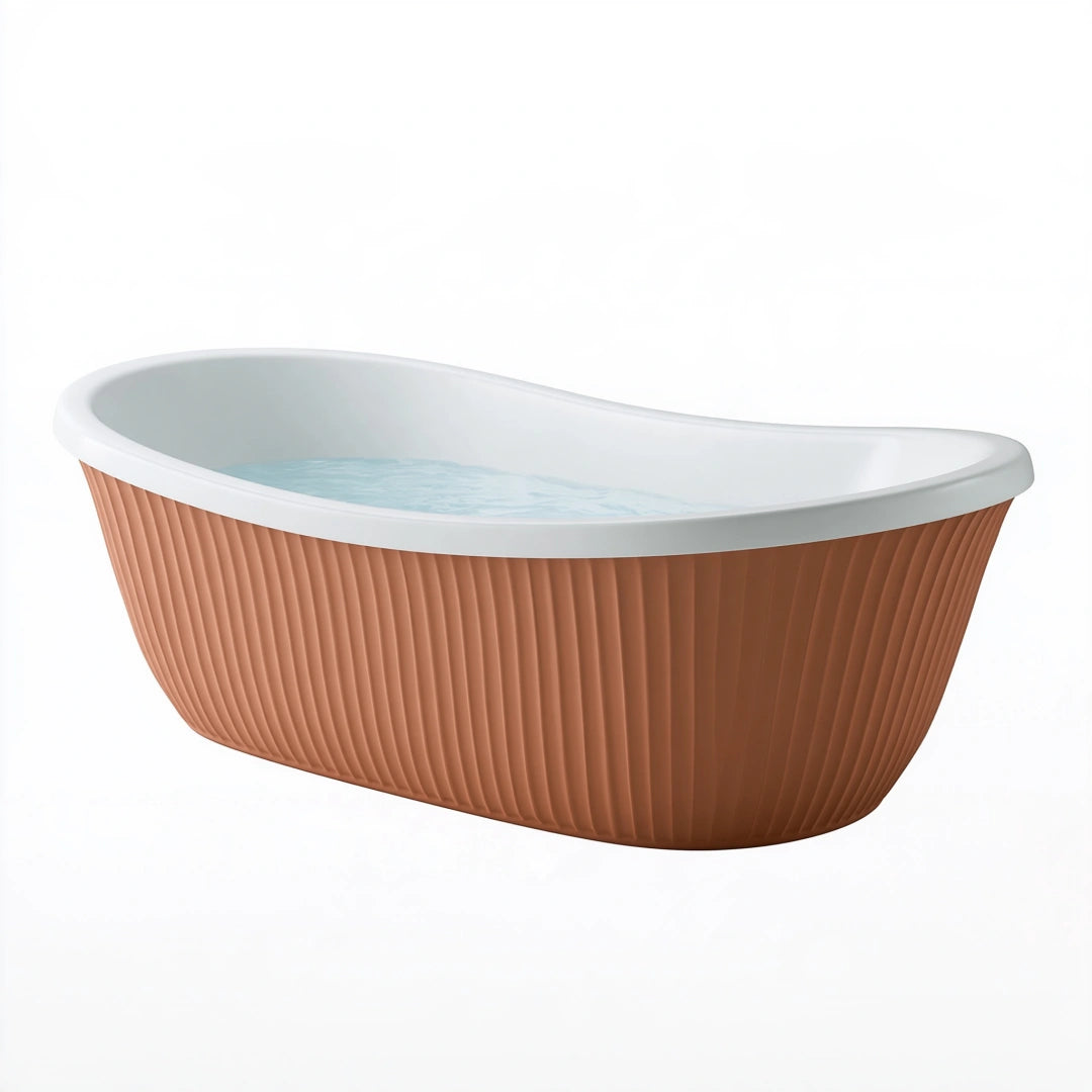 Vasca da bagno freestanding 170 x 75 cm in acrilico bianco e terracotta con finitura scanalata